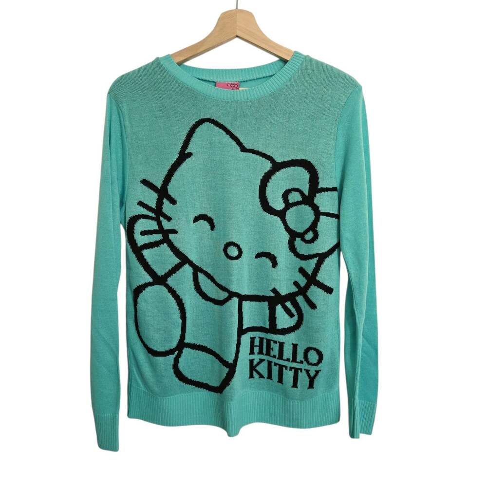 Hello Kitty Sanrio Mint Teal Green Graphic Knit Sweater Soft Kidcore LARGE